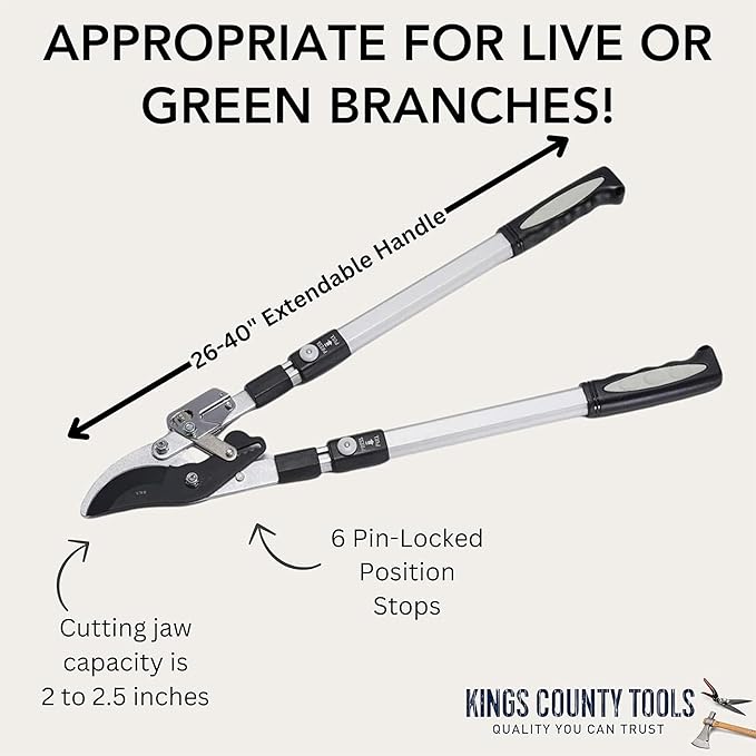 Tree Trimmer Loppers - Double Ratcheting Bypass Pruners - Extendable 26" - 40" Long Handles - Loppers for Tree Trimming Heavy Duty by Kings County Tools