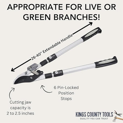 Tree Trimmer Loppers - Double Ratcheting Bypass Pruners - Extendable 26" - 40" Long Handles - Loppers for Tree Trimming Heavy Duty by Kings County Tools