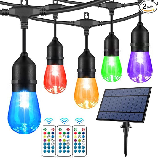2-Pack 48FT Solar Outdoor RGB String Light, Dimmable Patio String Lights with Shatterproof Edison Bulbs, Remote, Commercial Solar String Lights for Cafe, Patio, Yard, Party