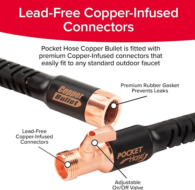 Pocket Hose 75 FT Copper Bullet Expandable Garden Hose w/10 Pattern Thumb Spray Nozzle AS SEEN ON TV 650psi 3/4 in Patented Lead-Free Ultra-Lightweight Solid Copper Anodized Aluminum | 10 pattern thumb spray nozzle, anti-burst upto 650 psi, 3/4 in, lea...
