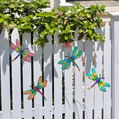 dreamskip 4 PCs Metal Dragonfly Wall Decor Art, Dragonflies Outdoor Wall Art with Colorful Leaves, Hand Painted Outdoor Decor For Garden Yard Fence Patio Outside Decoration