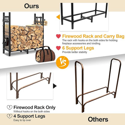 Firewood Rack Outdoor Indoor Holder with Log Carrier, Metal Heavy Duty Log Stand Stacker Holder with Kindling Hooks, Adjustable Stand Organizer Fire Wood Carrier Pads for Firewood Storage Fireplace