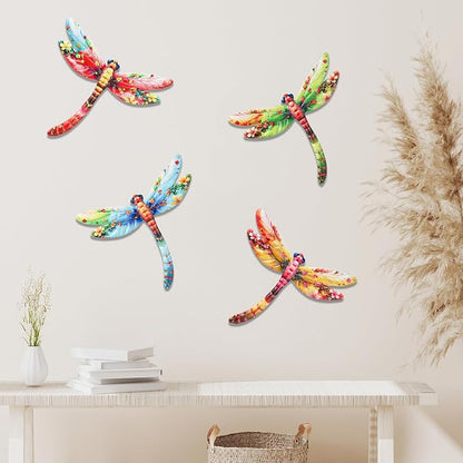 Junware Metal Dragonfly Wall Decor, 4Pcs Dragonfly Wall Art Sculptures Hanging Sculpture Decoration.Outdoor Fence Art for Home Garden, Fence, Patio, Yard, Bedroom Outside Gifts for Adults