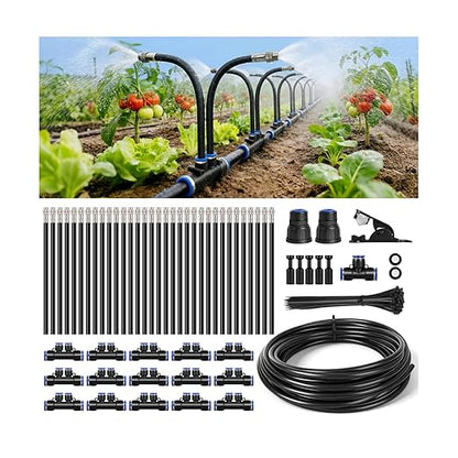 50Ft 1/2" Tubing High-Flow Drip Irrigation System, 360° Adjustable Garden Watering System with 30 Nozzles, Dual-Side Watering Kit for Raised Beds, Greenhouses & Efficient Plant Irrigation
