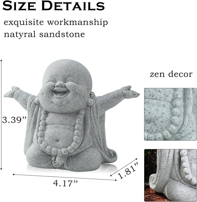 Laughing Buddha Sandstone Statues Mini Zen Monk Figurine Small Buddha Sculptures Fish Tank Decoration Landscaping Garden Outdoor Ornaments for Wealth Good Luck