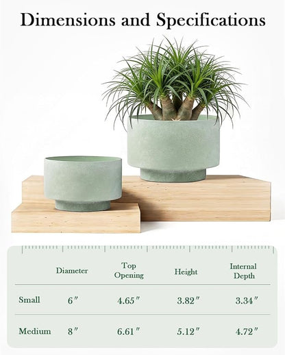 Succulent Pots, 8 Inch + 6 Inch Plant Pots for Plants with Drainage Hole, Indoor Outdoor Ceramic Planter, Set of 2 Round Flower Pots for Succulent and Plants, Green
