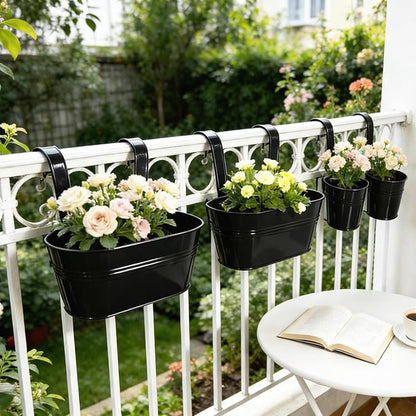Pack of 4 Metal Hanging Planters for Outdoor Plants, 2 Pcs 4" Round Railing Planter & 2 Pcs 10" Oval Fence Flower Pots for Balcony Garden Decor, Black