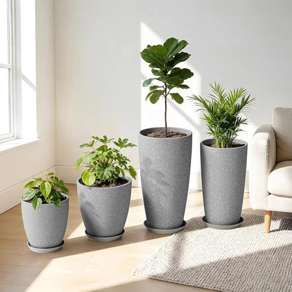 ZMTECH 4 Pack Plastic Planters 21/18/12/10in, Indoor Outdoor Round Planter for Porch, Large Plant Pot with Drainage Hole for Home Garden Front Door, Modern Decorative Pots for Plants (Light Gray)