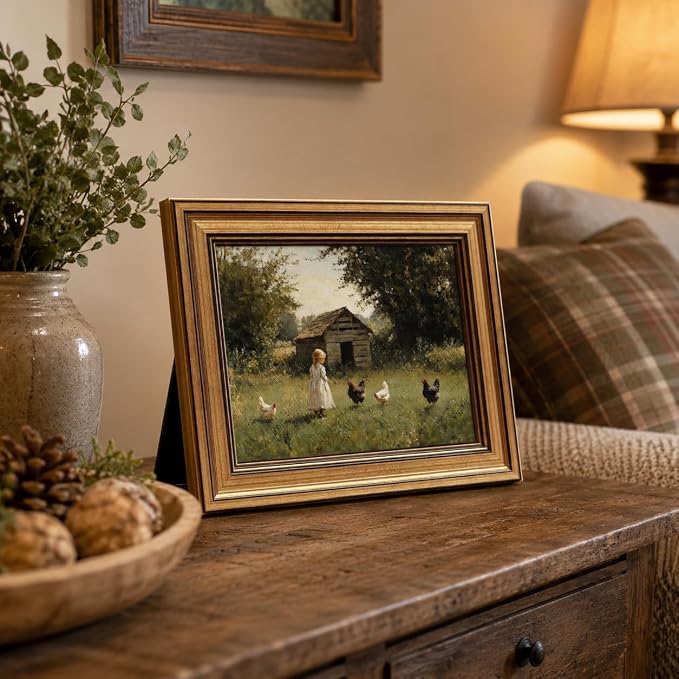 Devunaty Gold Framed Country Canvas Wall Art, Vintage Farm Girl with Chickens Poster Print, Rustic Landscape Painting Picture, Pastoral Farmhouse Artwork Wall Decor for Bedroom Nursery Bathroom 12x16in