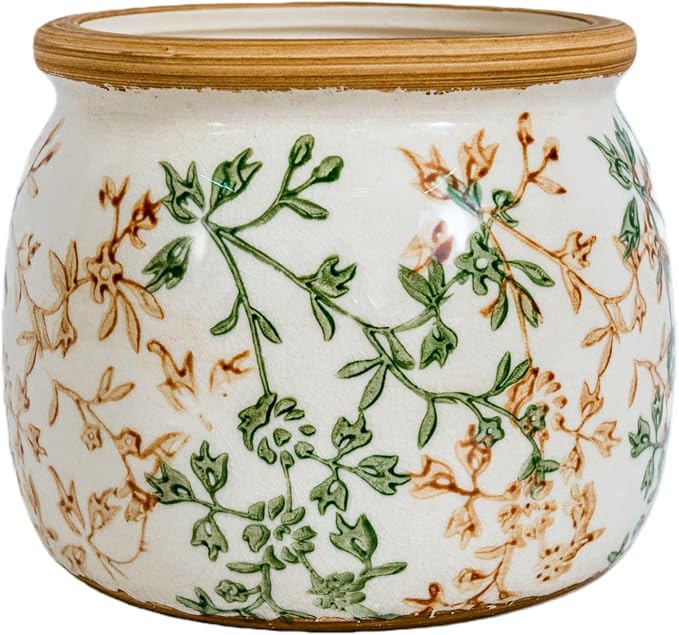 Vintage Ceramic Flower Pot - Indoor Outdoor Planters with Drainage Holes & Filter Screen, 6.5’’ Small Rustic Farmhouse Decorative Plant Pots for Garden/Patio/Balcony (Bicolor Vines, Small)
