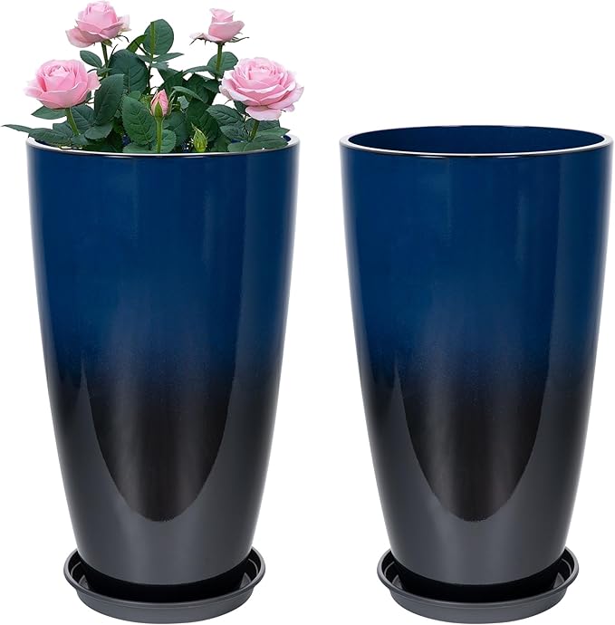 Neoaider Set of 2 Tall Planter, 21 inch Large Plastic Planter, Dark Blue | Ceramic-Look, Lightweight, Built-in Drain Hole, Saucers, Tall Outdoor Planter for Porch, Garden, Patio, Balcony