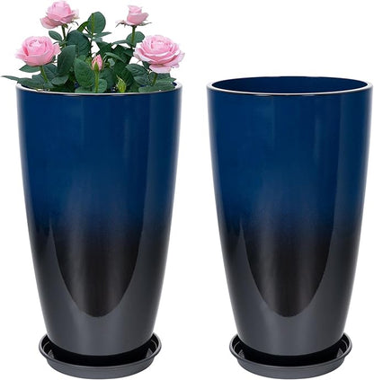 Neoaider Set of 2 Tall Planter, 21 inch Large Plastic Planter, Dark Blue | Ceramic-Look, Lightweight, Built-in Drain Hole, Saucers, Tall Outdoor Planter for Porch, Garden, Patio, Balcony
