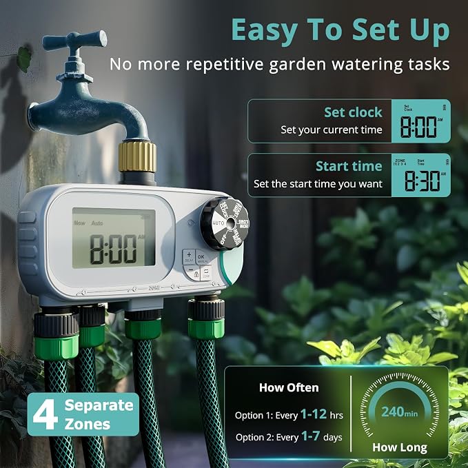 QUOBAS Sprinkler Timer for Garden Hose with Child Lock, Programmable Brass Digital Water Timer 4 Zone for Drip Irrigation, Pool, with Rain Delay/Auto/Manual, Waterproof Screen & Battery Powered