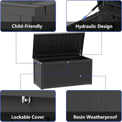 320 Gallon Outdoor Storage Box Resin Deck Box All Weather Waterproof Large Lockable Storage Container Deck Box for Patio Furniture, Garden Tools, Lockable, Black