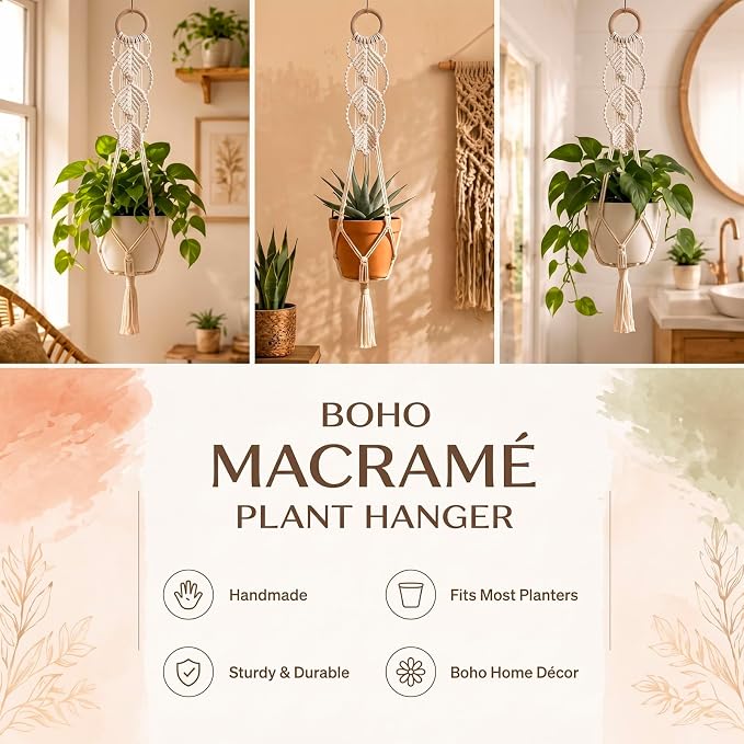 Shappy 1 Pack Boho Macrame Plant Hanger, Large Hanging Planter Plant Holder Pot Hanger Hanging Basket Wall Planters, Plants Lover Gift for Indoor Garden (Wooden Ring Macrame,Cream)