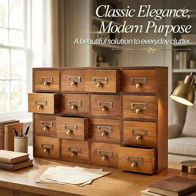 Flexzion Apothecary Cabinet with Drawers - 16 Vintage Drawers, Card Catalog Cabinet, Brown Wooden Tabletop Desktop Organizer for Home Office, Jewelry, Makeup, Tools & Small Item Storage