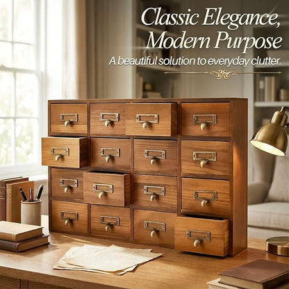 Flexzion Apothecary Cabinet with Drawers - 16 Vintage Drawers, Card Catalog Cabinet, Brown Wooden Tabletop Desktop Organizer for Home Office, Jewelry, Makeup, Tools & Small Item Storage