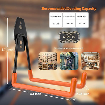 ENUODA Large Garage Hooks Heavy Duty - Ladder Hanger Garage Wall Storage Hooks for Hanging Garden Tools, Power Tools, Bike, Extension Cord, Hose, Chair, Bulk Items, 6 Pack (5.1 Inch)