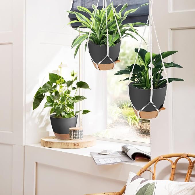 Vanslogreen 41.5 Inch Macrame Plant Hanger Indoor Outdoor with 12 Inch Flower Pot, Hanging Planter for Plants Holder with Wood Beads for Boho Home Decor (Ivory+Black)