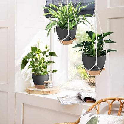 Vanslogreen 41.5 Inch Macrame Plant Hanger Indoor Outdoor with 12 Inch Flower Pot, Hanging Planter for Plants Holder with Wood Beads for Boho Home Decor (Ivory+Black)