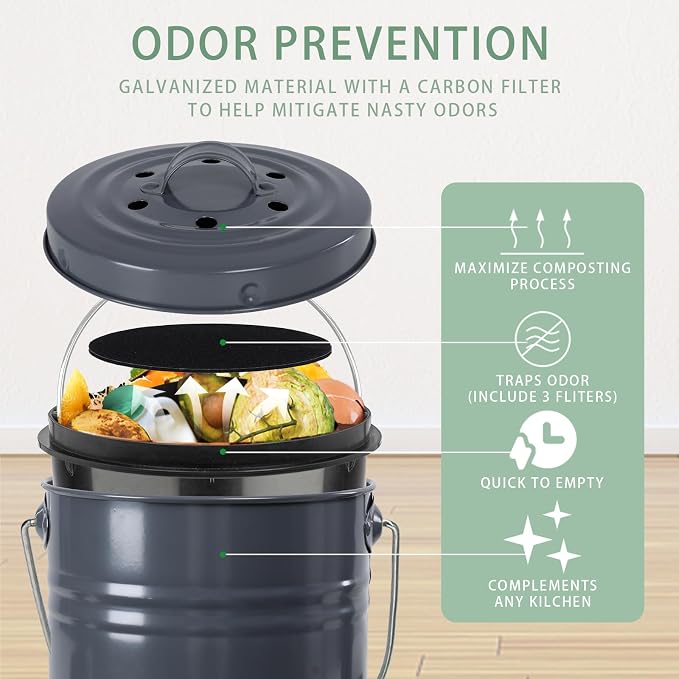 Vipush Compost Bin Kitchen Countertop Composter with lid – Small Compost ContainerI Includes Inner Compost Bucket Liner & Charcoal Filter, Grey