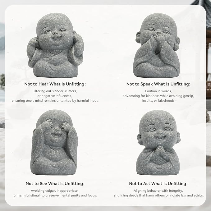 4Pcs Mini Monk Buddha Statues, See Hear Speak Think No Evil Mini Monk Decor, Handcrafted Sandstone Resin Zen Statues for Home Office Desk Car Dashboard, Feng Shui Spiritual Gifts for Peace & Calm