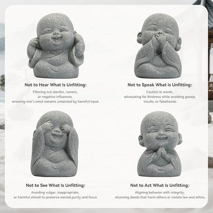 4Pcs Mini Monk Buddha Statues, See Hear Speak Think No Evil Mini Monk Decor, Handcrafted Sandstone Resin Zen Statues for Home Office Desk Car Dashboard, Feng Shui Spiritual Gifts for Peace & Calm