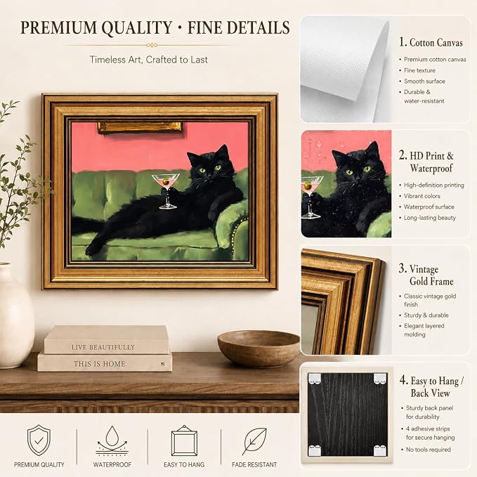 Devunaty Vintage Gold Framed Black Cat Martini Wall Art, Cocktail Bar Cart Wall Decor, Funny Cat On Green Sofa Canvas Print, Eclectic Whimsical Painting Picture For Bedroom Living Room Decor 12"x16"