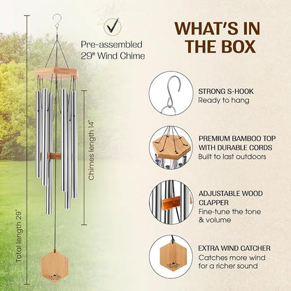 Silver Wind Chimes for Outside, 29 Inch Hand Tuned G Major Pentatonic Wind Chime, Memorial Sympathy Gift for Loss of Loved One, Deep Tone Aluminum Bamboo Garden Patio Porch Decor