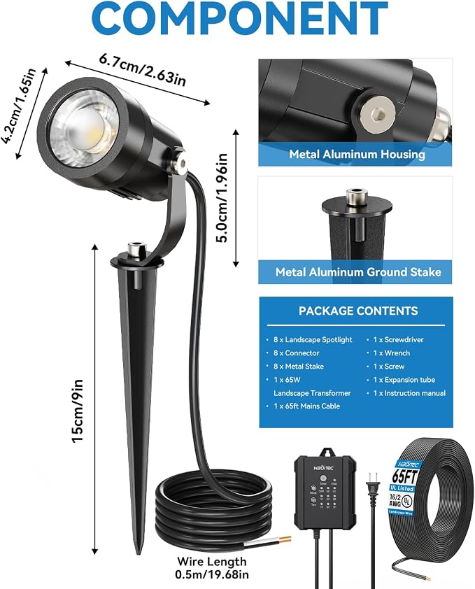 HIBOITEC All-in-One LED Landscape Lights, 5W Low Voltage Landscape Lighting Kit with Transformer, 65FT Wires and Connectors, Waterproof Outdoor Spot Lights for House Yard Trees Garden, 5000K, 8 Packs