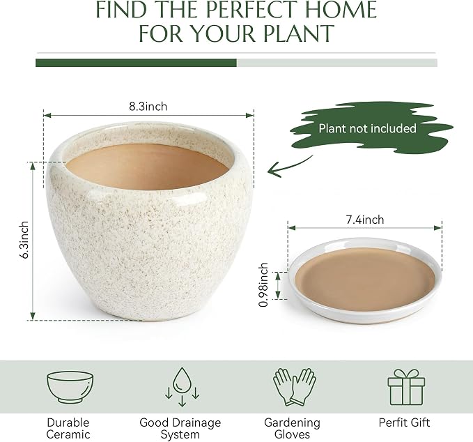 8.3 Inch Ceramic Planter with Saucer Leak-Proof Mesh &Drainage, Round Plant Pot with Gardening Gloves for Indoor Outdoor Plants
