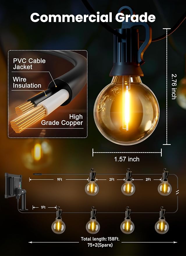 Brightown 158FT 77LED Solar String Lights Outdoor with Remote & USB Port, Shatterproof Bulbs, Dimmable & Timable, 3 Modes, Patio Lights with Mount Clips for Backyard Garden Decor - Last for 38+Hrs