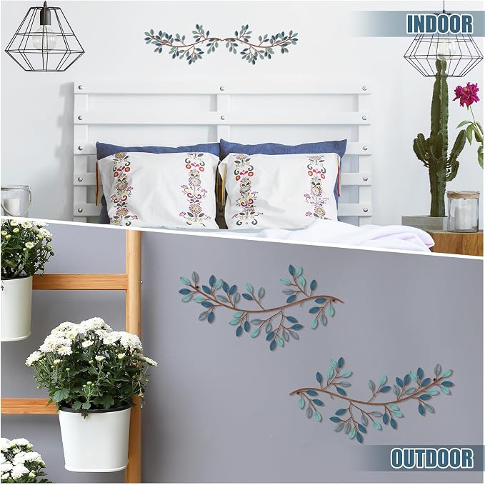 Hotop 2 Pieces Metal Tree Leaf Wall Decor Vine Olive Branch Leaf Wall Art Wrought Iron Scroll Sculptures Above the Bed, Living Room, Outdoor Decoration(Classic Style,Blue)