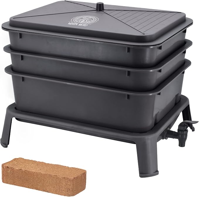 Worm Nerd WN40 4-Tray Worm Composting Bin Kit with Coco Coir Brick for Recycling Food Waste, Worm Castings, Worm Tea, Vermiculture and Vermicomposting