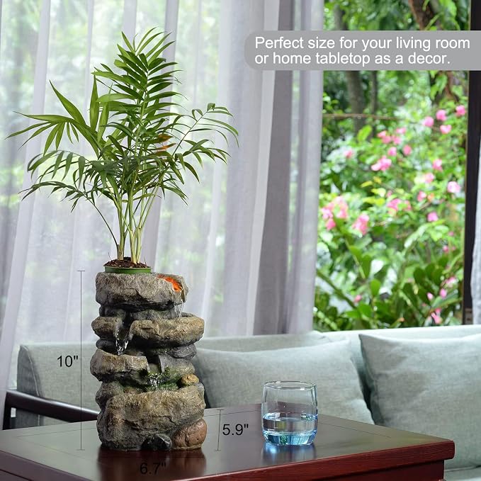 Kalona Tabletop Waterfall Fountain Rockery Fountains Soothing Sound Tabletop Fountains Home/Office Decor with a Small Plastic Pot to Grow The Plant by Yourself(Automatic Watering)(22020)