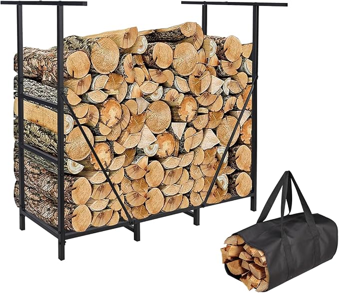 Vailge Firewood Rack Outdoor 4FT with Waterproof Firewood Carrier Bag, Adjustable Heavy Duty Steel Firewood Holder Storage, Log Rack for Fireplace, Fire Pit, Backyard, Camping