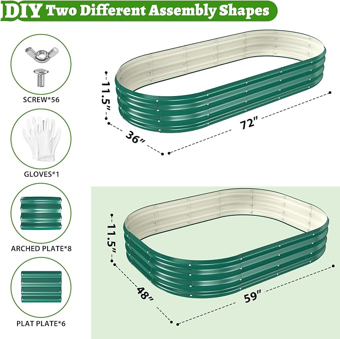 TBMLC Oval Galvanized Planter Box, Metal Raised Garden Bed - 0.8MM Thick- Ideal for Outdoor Gardening and Planting of Vegetables Flowers Fruits Succulent Plants and Others (Green, 6X3X1 FT)