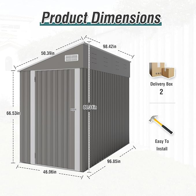 KEIKI 4' x 8' Outdoor Metal Storage Shed, Lean-to Garden Shed with Single Hinge Door & Ventilation, All-Weather Utility Shed for Bikes, Toys, Garbage Cans, Tools (Dark Gray)