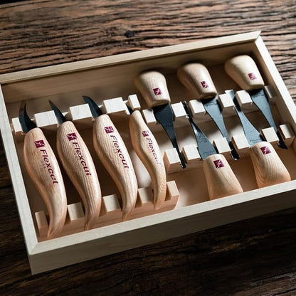 Flexcut Wood Carving Tools | Deluxe Palm & Knife Set | Includes 4 Carving Knives and 4 Palm Tools | 1095 High Carbon Steel Blades | Ash Hardwood Handles | KN700 | Made in the U.S.A.
