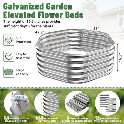 Hexagon Raised Garden Bed, 48 Inch Diagonal & 16.5 Inch Tall, Galvanized Steel Planter Box with Wave-Shaped Metal Panels for Outdoor Flower,Tree,Herb & Vegetable Garden (Silver, 4FT X 1.5FT)