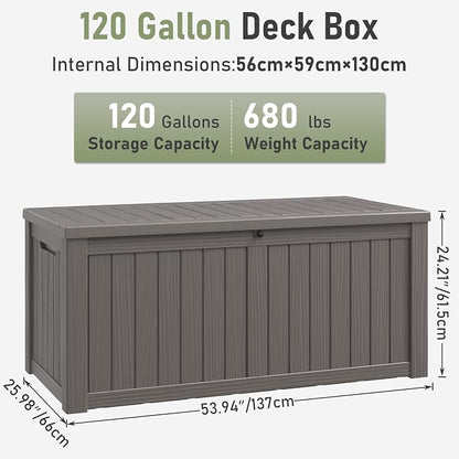 Outdoor Storage Box, 120 Gallon Deck Box, Resin Waterproof Outside Storage Bench, Outdoor Storage Cabinet With Lockable Lid, Backyard Deck Box For Garden Tools, Patio Cushions, Pool Accessories