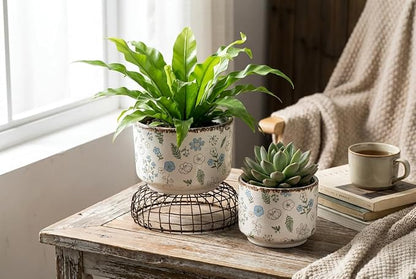 Ice Crack Plant Pots with Drainage, 6 & 7 inch Ceramic Planters for Indoor Outdoor Plants, Set of 2 Vintage Flower Pots, Rustic Tuscan Decor for Gardening, Kitchen Bedroom, Blue & Beige