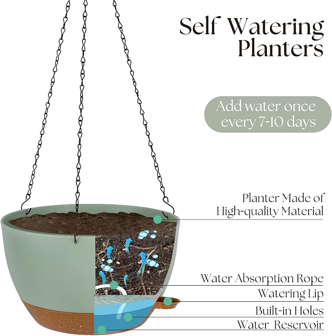 TYMENSH Hanging Plant Pots 12 Inch Set of 2, Self Watering Hanging Planters with Drainage Holes, Removable Saucer, Durable Plastic Flower Pots with Chains for Indoor Outdoor Plants, Green
