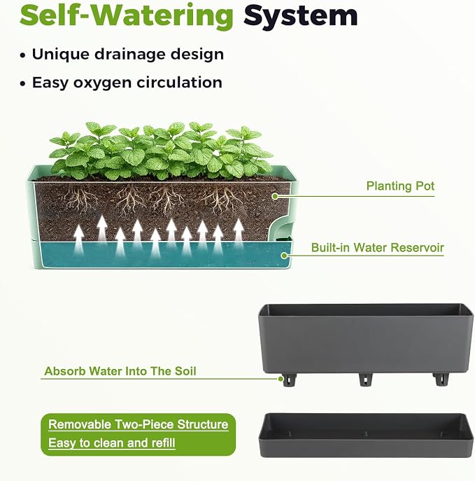 2 Pack Rectangle Self Watering Pots for Indoor Plants 17 Inches Window Boxes Planters Rectangular Flower Pots Herb Large Plant Pots with Drainage Holes and Saucers Windowsill Planter, Grey