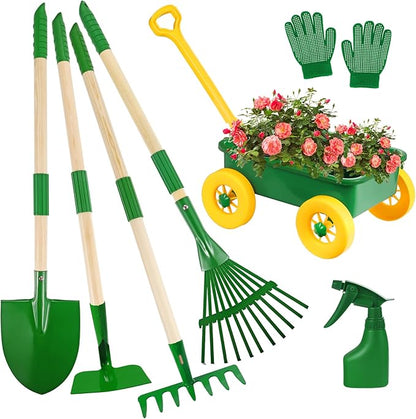 Kids Gardening Tools Set, Outdoor Wheelbarrow with Shovel & Rake, 7pcs | Shovel, Rake, Summer Outdoor Digging Weeds & Yard Play, Easter Birthday Gift for Boys & Girls Age 2 3+