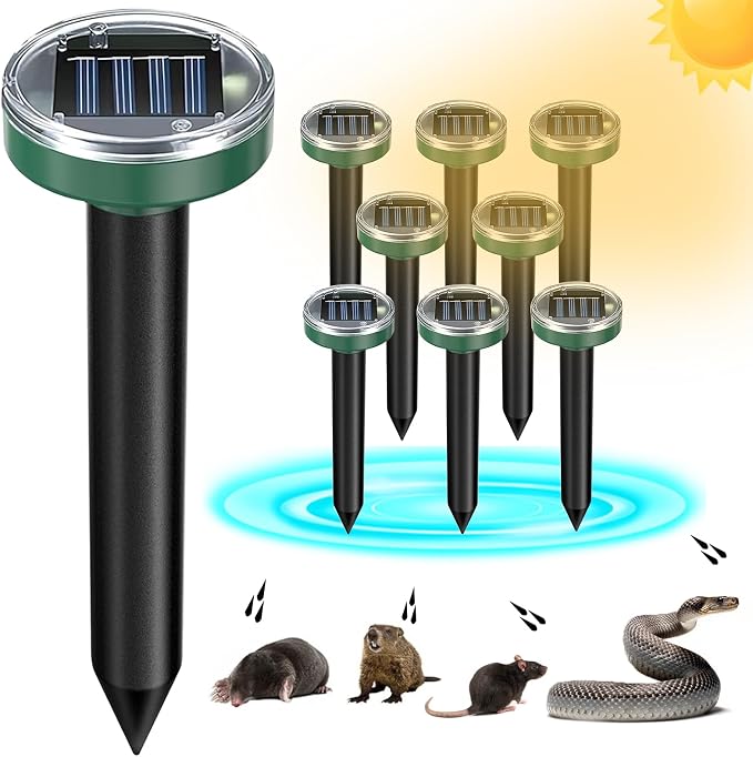 8 Pack Mole Repellent Solar Powered Snake Repellent Ultrasonic, Gopher Repeller Sonic Mole Deterrent Spikes, Snake Gopher Vole Repellent Outdoor for Lawn Garden & Yard-Green