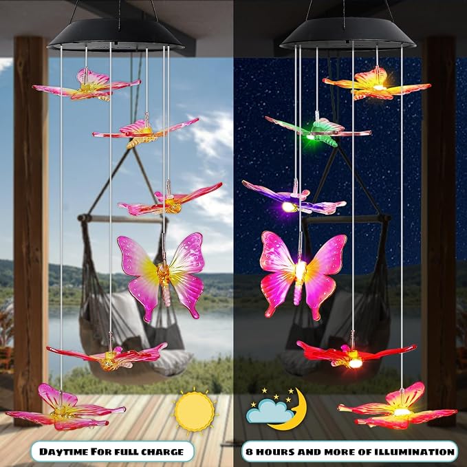 MorTime 25" LED Solar Wind Chime, Color Changing Solar Butterfly Wind Chimes Mobile Hanging Wind Chime for OutsideHome Garden Decoration