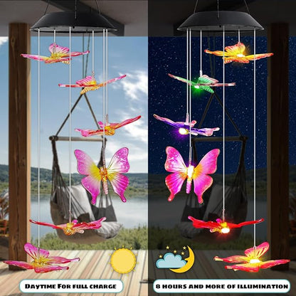 MorTime 25" LED Solar Wind Chime, Color Changing Solar Butterfly Wind Chimes Mobile Hanging Wind Chime for OutsideHome Garden Decoration