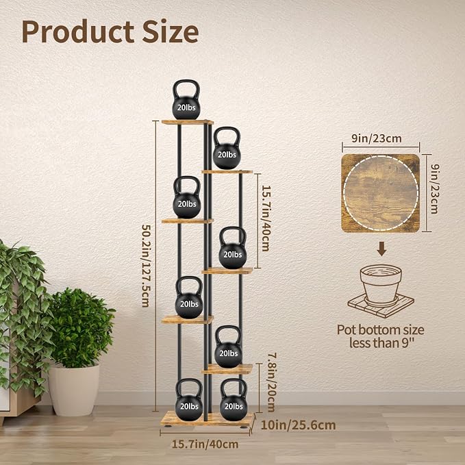 LASZOLA Black 6 Tier Wood Tall Plant Stand Indoor with Grow Lights, Large Heavy Duty Vertical Corner Rack for Multiple Planter, Sturdy Metal Rustic High Flower Shelf Holder Organizer for House Patio