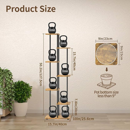 LASZOLA Black 6 Tier Wood Tall Plant Stand Indoor with Grow Lights, Large Heavy Duty Vertical Corner Rack for Multiple Planter, Sturdy Metal Rustic High Flower Shelf Holder Organizer for House Patio